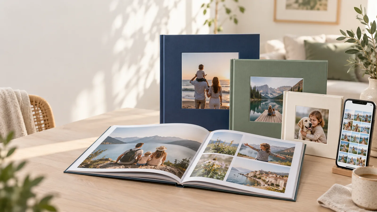 Готовые семейные фотокниги рядом с открытой книгой и фотографиями на телефоне