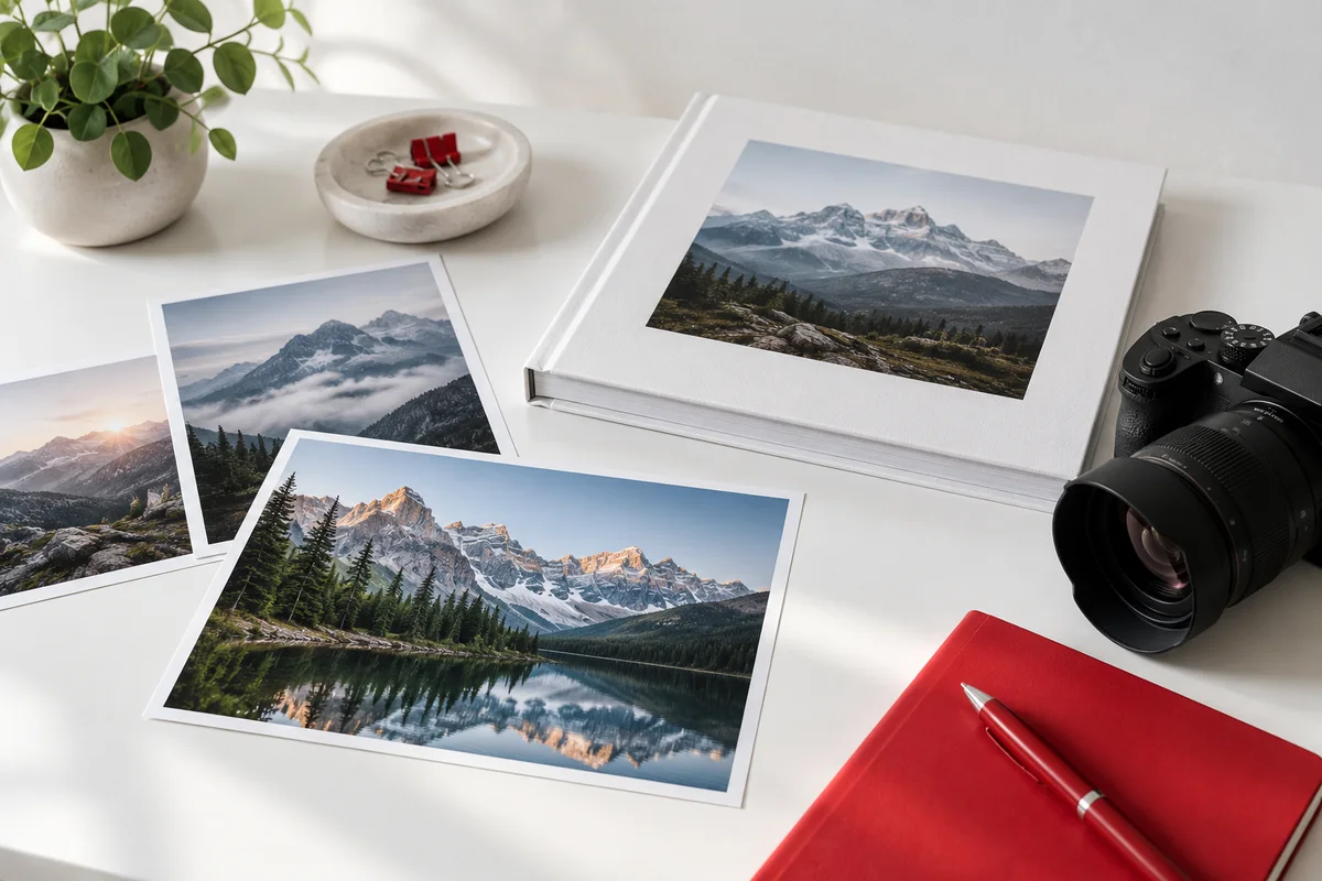 Иллюстрация: отпечатки горных пейзажей, фотокнига и фотоаппарат